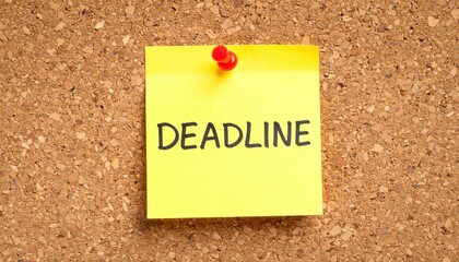 Deadline reminder note on corkboard with red pushpin office sticky note concept close-up view