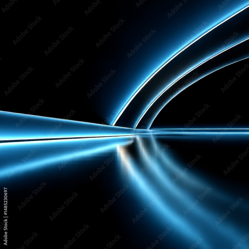 Poster Illuminated Curves: Abstract Reflections on Dark Surface with Blue Light and Futuristic Design Elements.