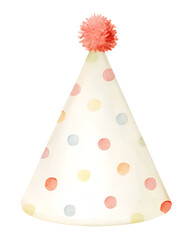 Watercolor party hat with polka dots and pom pom on a transparent background.