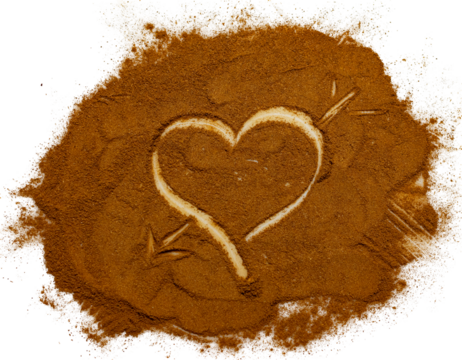 Stylized cocoa powder forming a heart pierced by an arrow, isolated on a transparent background. Ideal for romantic food promotions, Valentine's Day graphics, or dessert branding.