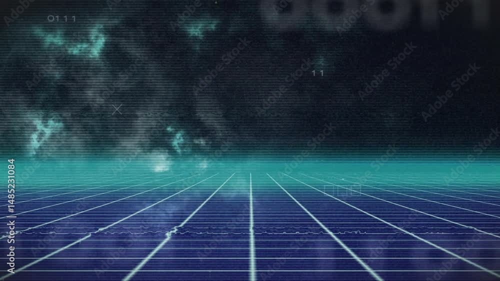 Poster retro-futuristic landscape being animated in 3d render, showing neon grid floor and scan-line noise