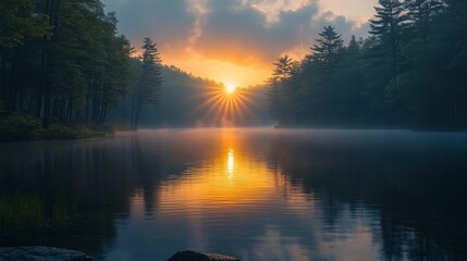 Serene sunrise over misty lake, reflecting light and surrounded by trees