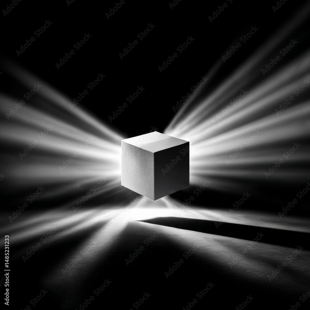 Poster Mysterious Radiant Cube: A Floating Box Bathed in Light and Shadow, Creating a Dramatic and Enigmatic Visual Experience.