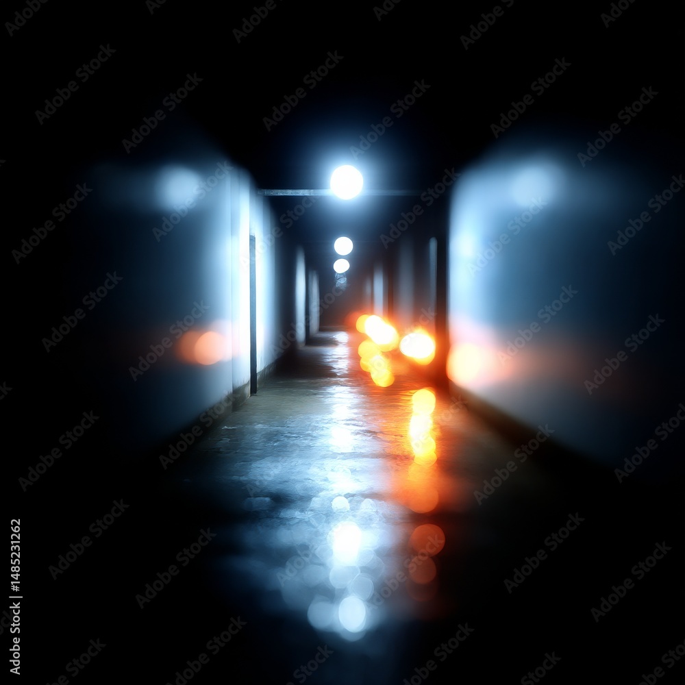 Poster Mysterious Reflections: Hallway Illuminated by Abstract Light and Shadow Play in a Dark, Enigmatic Space