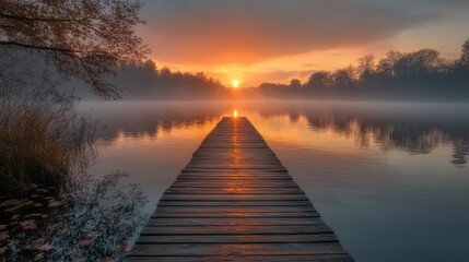 Dawn's glow paints a wooden dock extending into a serene, reflective lake amidst a hazy, forested landscape