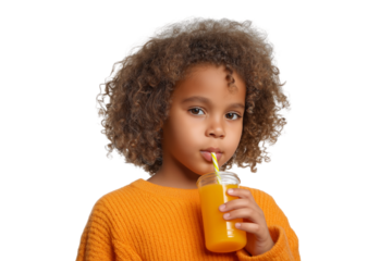  young girl sipping refreshing drink with enjoyment isolated on white background