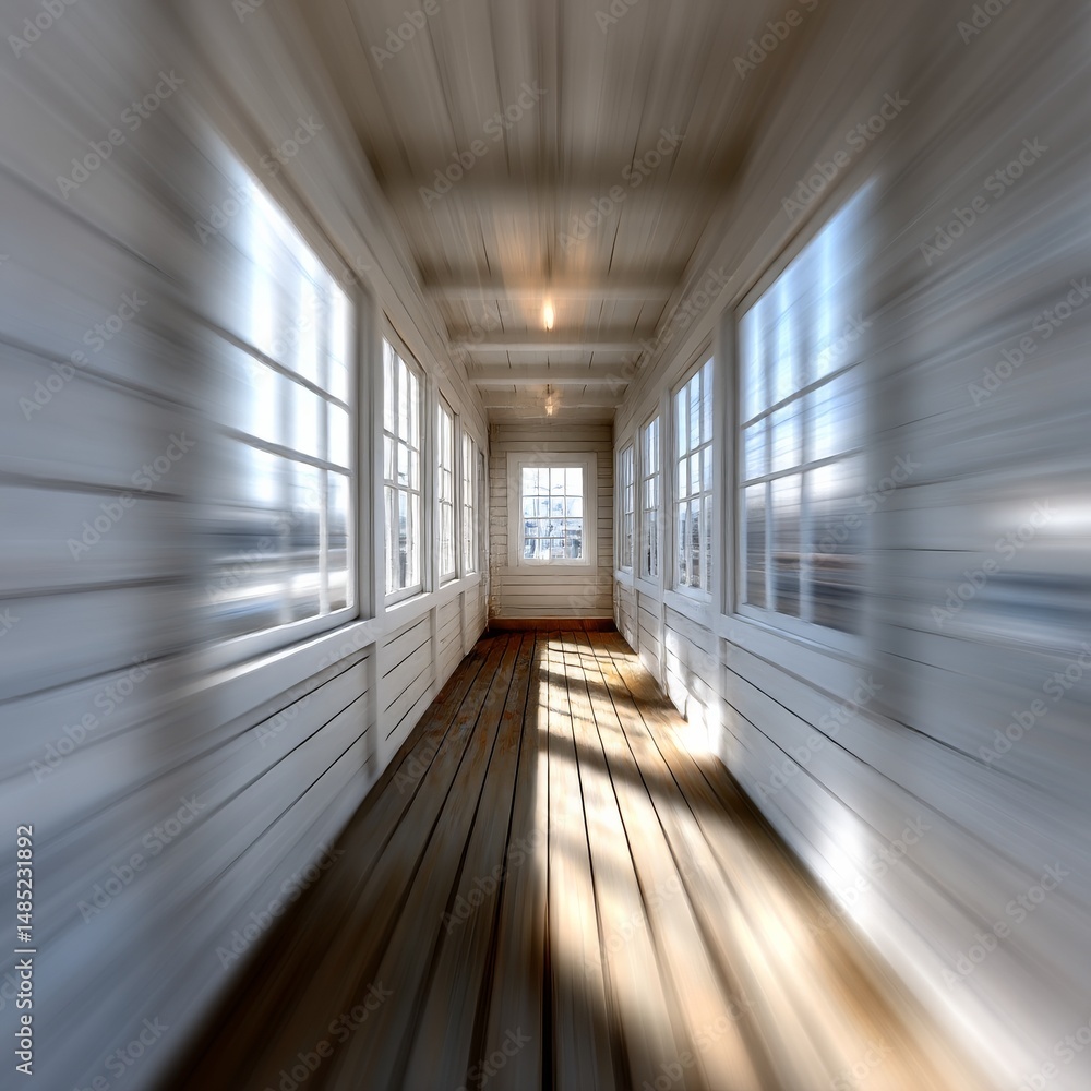 Poster sunlit white wooden hallway with motion blur effect, windows, and light fixtures creating dynamic pe