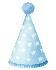 Watercolo light blue birthday party hat with white stars and pom-pom on a transparent background.