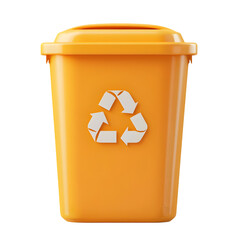Vivid, 3-dimensional, orange recycling bin, depicted against a stark black background. The bin features a white recycling symbol.
