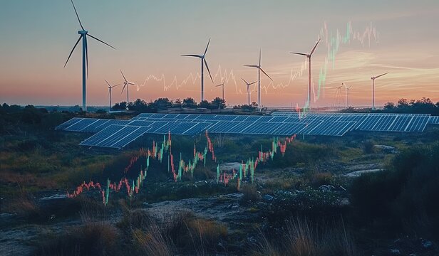 Sustainable energy investment.  Wind turbines and solar panels, overlaid with financial charts, symbolize renewable energy growth