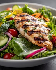 Grilled chicken breast on fresh garden salad close up healthy eating lifestyle food photography studio shot