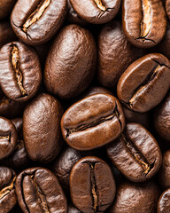 Naklejka premium Fresh coffee beans close-up, showcasing their rich texture and glossy surface, perfect for any coffee lover.