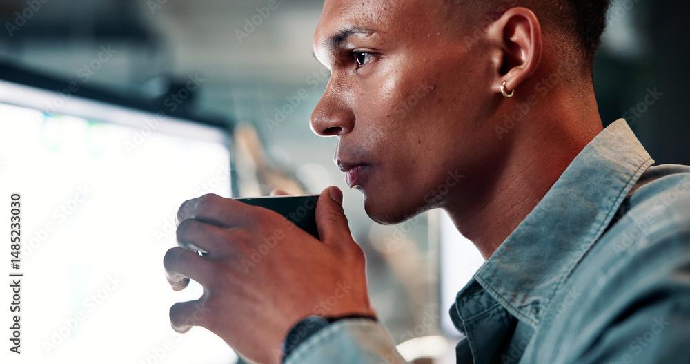 Poster Business, man and computer screen with coffee in office for stock market trends, monitor algorithms or trading deadline. Night trader, reading and caffeine for energy, data analysis and concentration