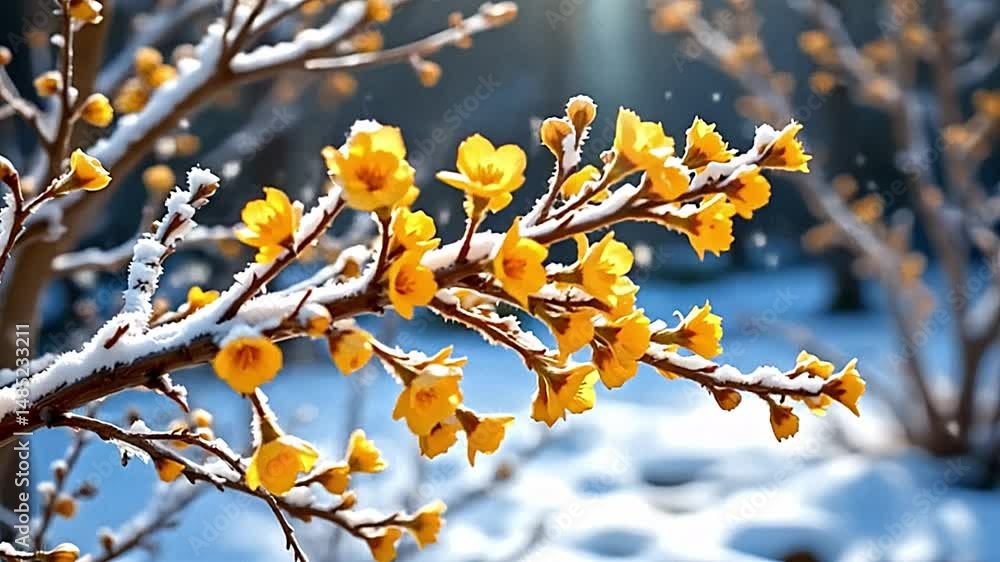 Poster close-up view of branch covered delicate yellow flowers dusted light layer of snow creating serene w