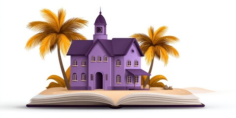 Obraz premium A colorful purple house emerges from an open book on a sandy beach surrounded by tropical palm trees inviting imagination creativity and a sense of adventure captured with clarity