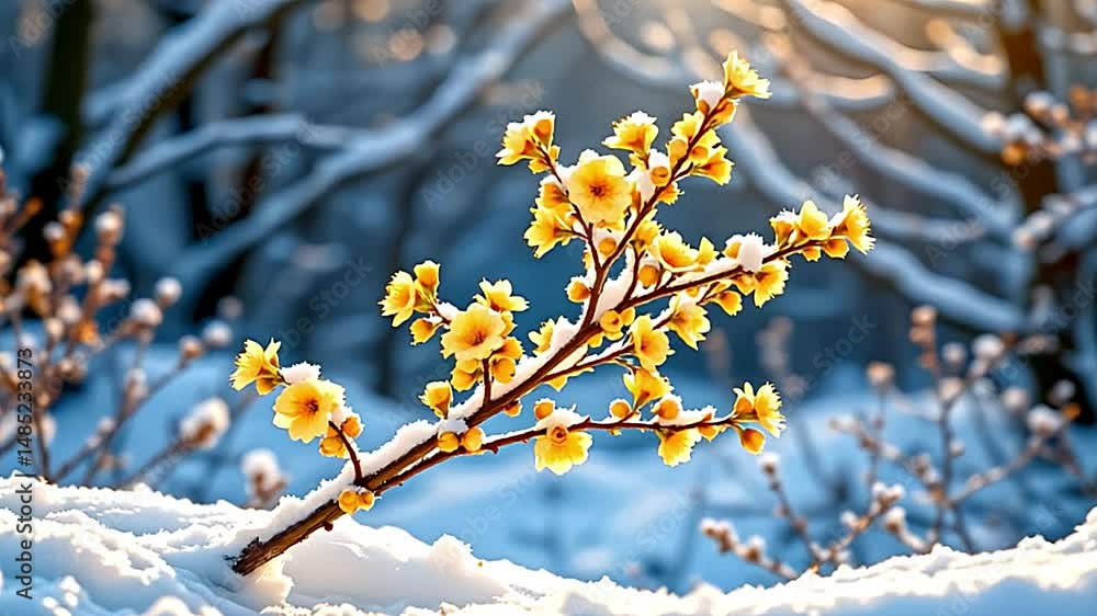 Aufkleber serene winter scene branch adorned vibrant yellow flowers standing out against backdrop of snow-cove