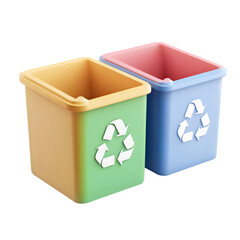 Colorful, square recycling bins with a recycling symbol, intended for separate waste collection.  They are pastel shades and  isolated against a white background.