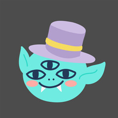 Vector Halloween cute monster illustration featuring a playful and spooky kawaii character with three eyes, fangs, hat, and a whimsical design, perfect for kids and holiday decoration