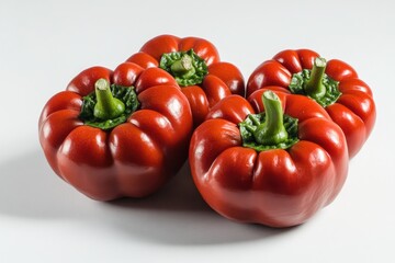 Close-up view of several plump red bell peppers.