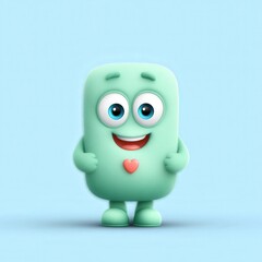 Fototapeta premium Cheerful cartoon character with big eyes and a friendly smile standing against a soft blue background, radiating warmth and joy, embodying happiness and positivity with playful charm