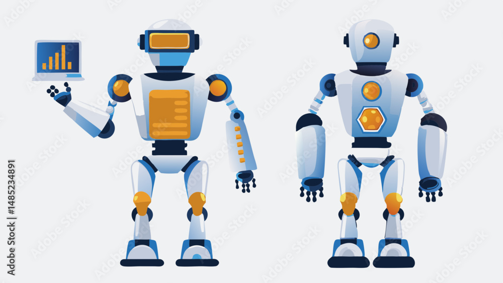 Poster two robots one holding a laptop with a graph on the screen standing side by side on a white backgrou