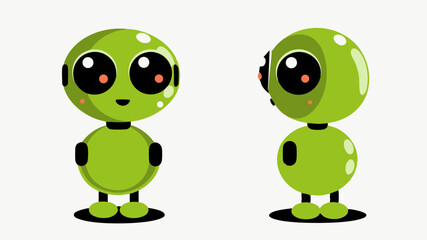 Two green cartoon robots with large eyes and small smiles standing side by side on a white background