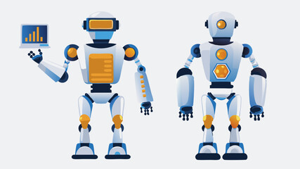 Two robots one holding a laptop with a graph on the screen standing side by side on a white background