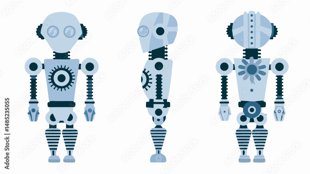 Poster three views of a stylized robot with visible gears and articulated limbs on a white background flat 