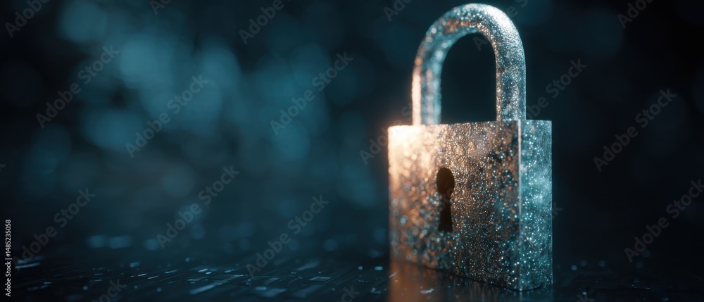 Poster macro shot of a padlock on a dark surface with bokeh lights security concept digital protection priv