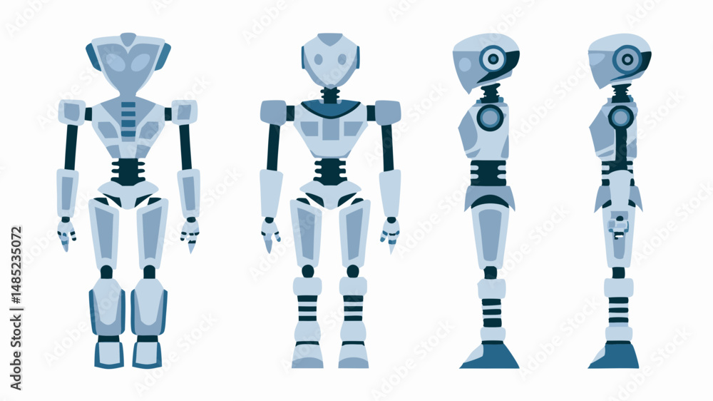 Poster illustration of a robot in multiple views including front and side profiles on a white background