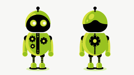 Two green robots with gears and black accents standing side by side on a white background design