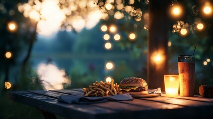 Romantic picnic dinner burger, fries, and a drink at sunset, under fairy lights.