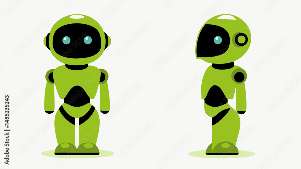 Poster two green robots one facing forward and the other in profile with black accents on a white backgroun