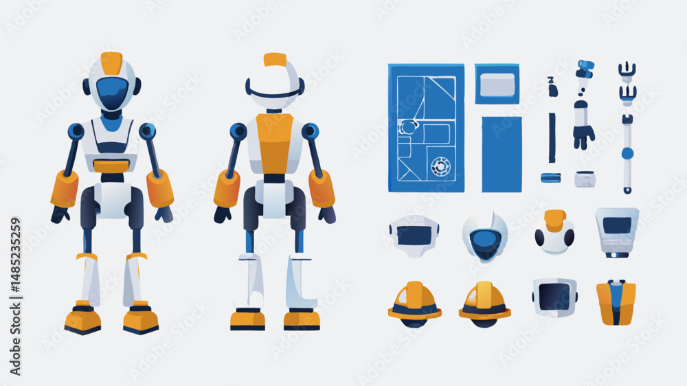 Poster illustration of a robot in front and back views with its components and blueprint on a white backgro
