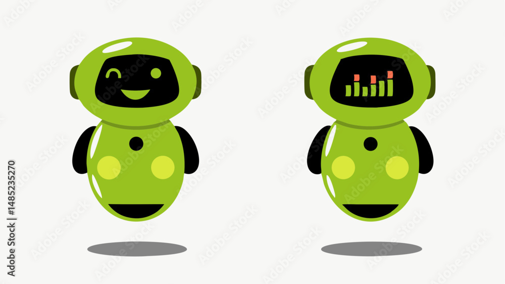 Poster two green robots with different facial expressions and interfaces on a white background in vector ar