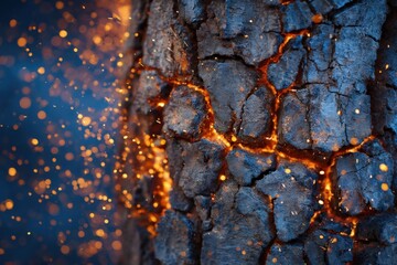 Fototapeta premium Close-up of Burning Tree Trunk with Cracked Bark, Fire Lines, Sparks and Ashes, High-Contrast Macro Shot, Nature in Danger Concept, AI Generated