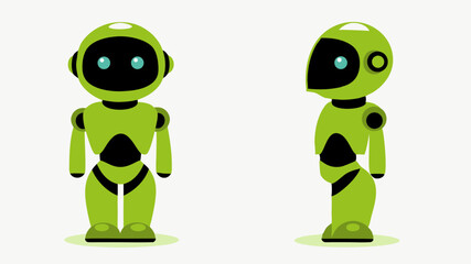 Two green robots one facing forward and the other in profile with black accents on a white background
