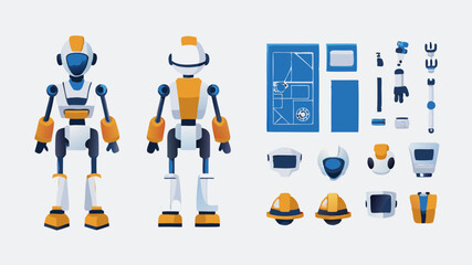 Illustration of a robot in front and back views with its components and blueprint on a white background