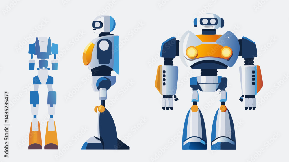 Poster three robot figures showing different views and stages of assembly on a white background illustratio