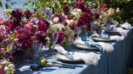 Elegant coastal table setting with floral arrangements, fine tableware, and scenic ocean views, perfect for a wedding or sophisticated event