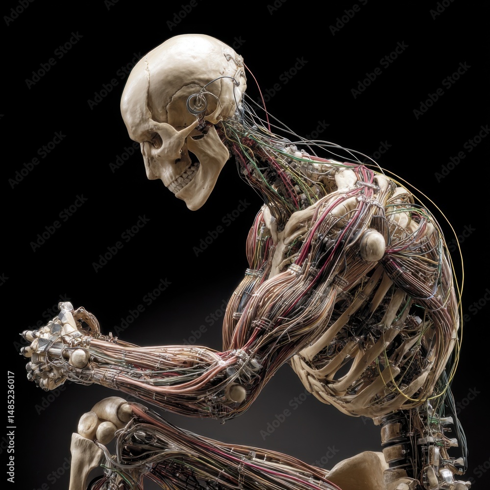 Poster anatomical skeleton with wires in pensive pose studio shot side view artificial intelligence concept