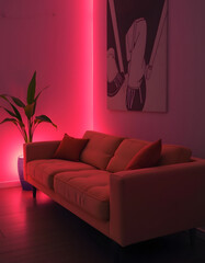 Cozy, plush living room couch, glowing neon. with white shades