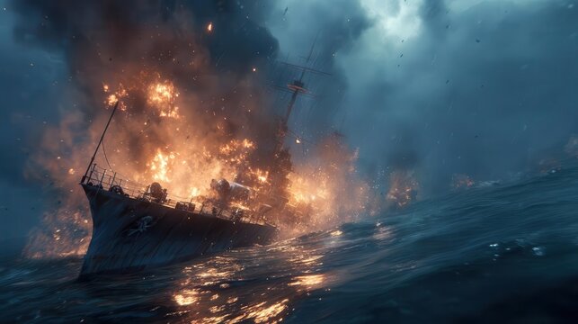 Dramatic scene of a burning ship sinking in turbulent waters during a stormy night