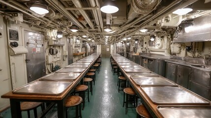 Interior view of a naval ship's mess hall with long tables and stools, illuminated by overhead lights