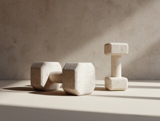 Stone Dumbbells Still Life on Beige Surface with Concrete Wall Backdrop in Studio Lighting for Fitness Concept