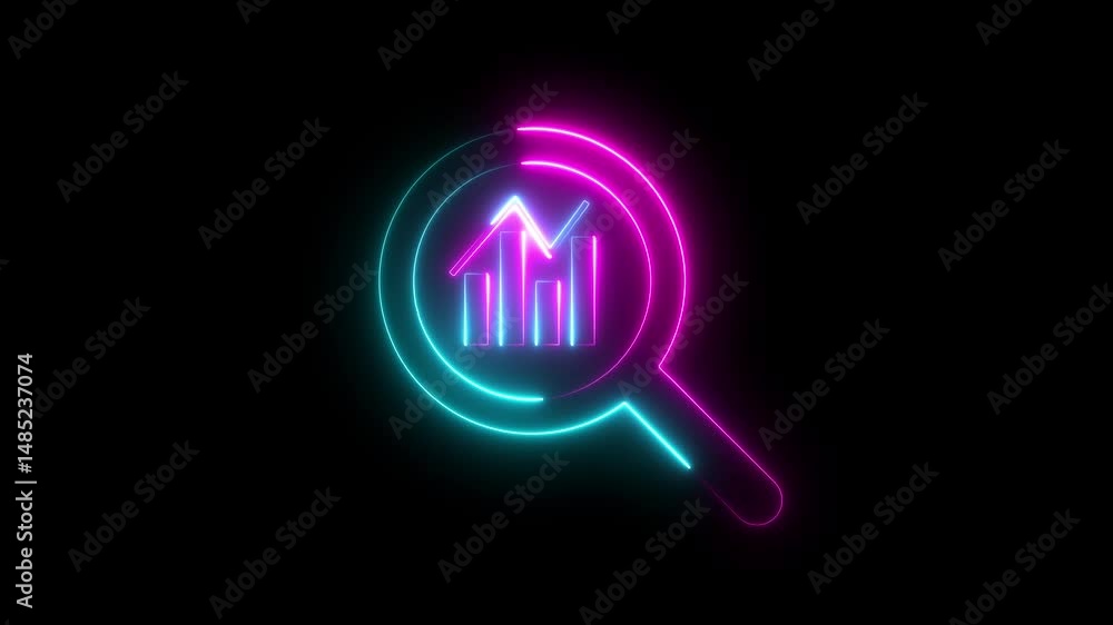 Poster glowing neon line magnifying glass with data analysis icon, simple design business growth concept an