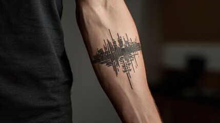 Intricate design tattoo of a city skyline on a forearm.
