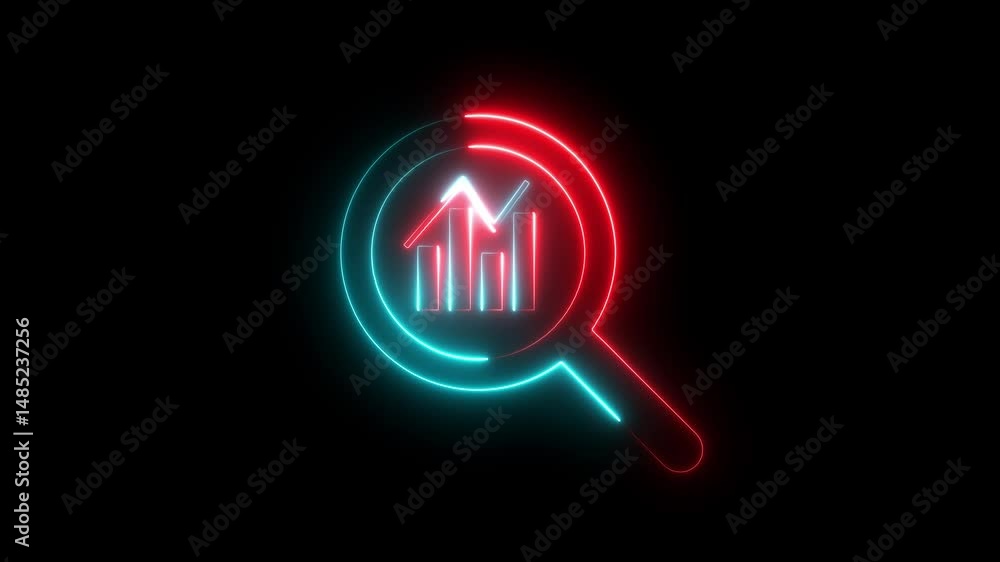 Poster glowing neon line magnifying glass with data analysis icon, simple design business growth concept an