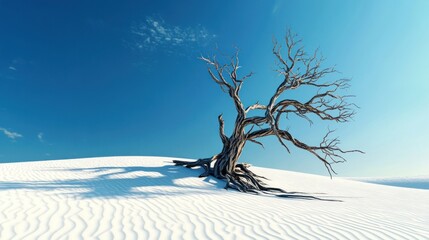 Leafless tree on white sand beach