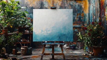 Painter standing before a blank canvas ready to create something new